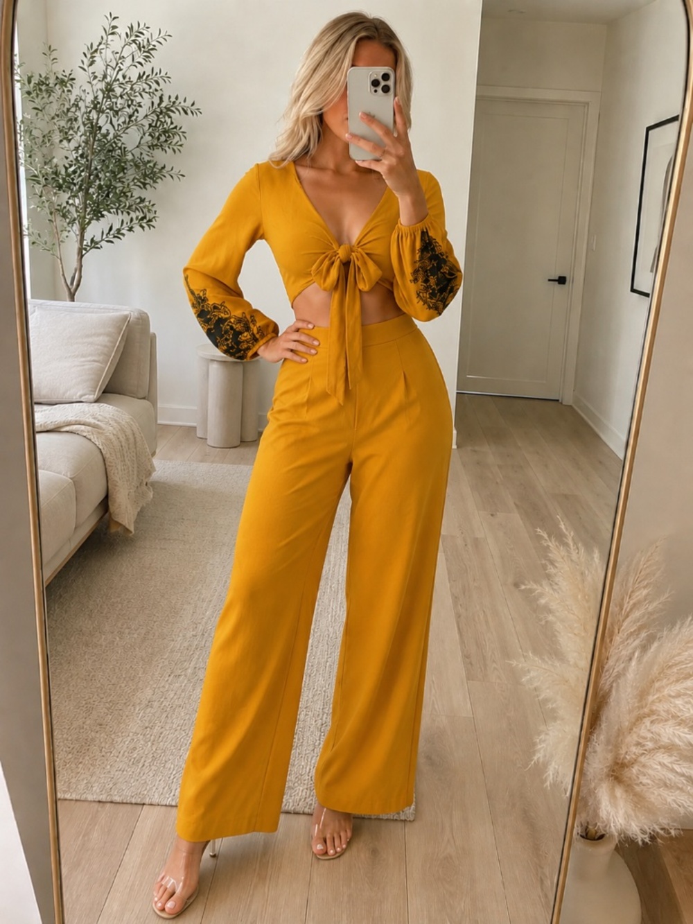 NWT Boho Mustard Tie Front Pant Set Large